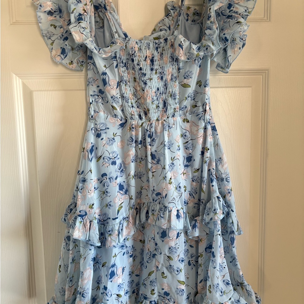 Blue Ruffled Smocked Sundress with Puff Sleeves